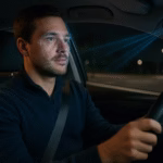 Driver monitoring system concept: driver being monitored by infrared camera in a car at night with sensor beams