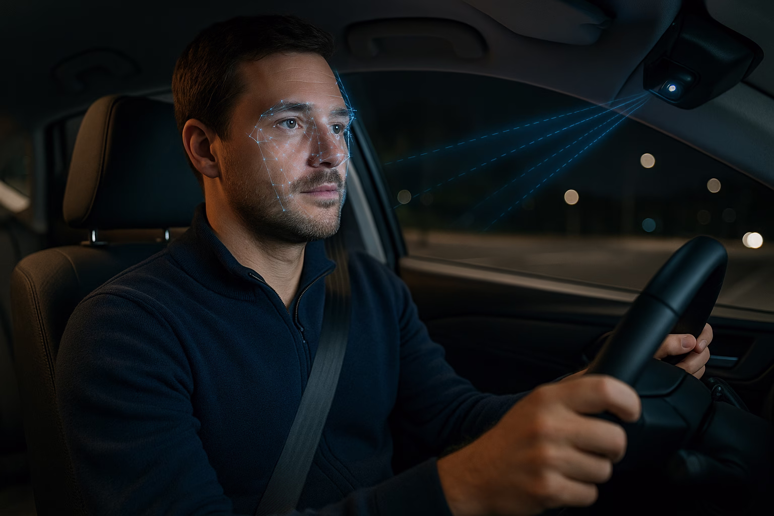 Driver monitoring system concept: driver being monitored by infrared camera in a car at night with sensor beams