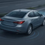 Generic car illustrating lane keeping assist with lane sensor waves on highway