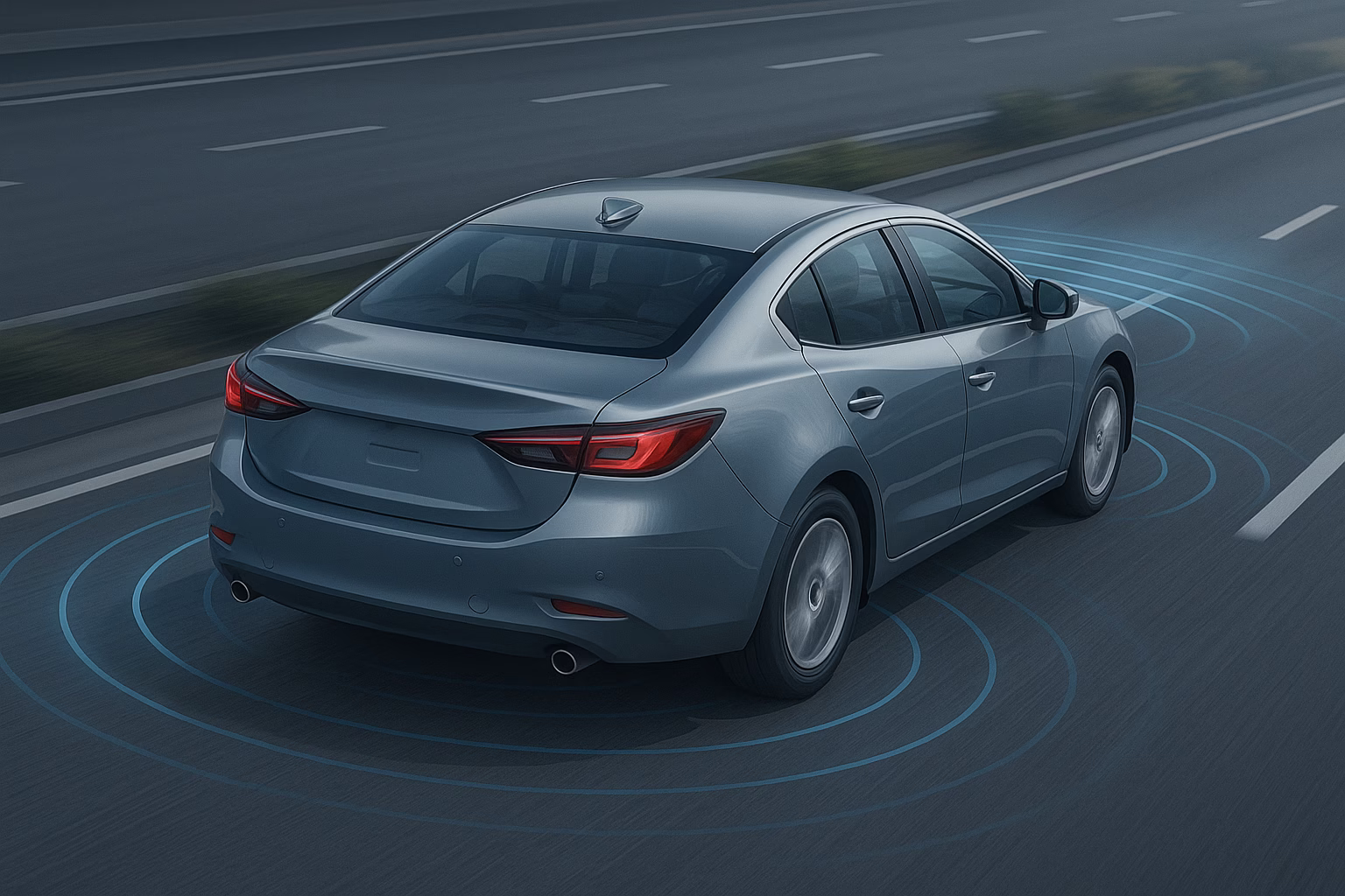 Generic car illustrating lane keeping assist with lane sensor waves on highway