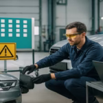 Abstract illustration of a grey car with turquoise sensor lines representing ADAS technology