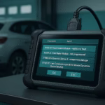 Hyper-realistic ADAS diagnostic scan tool displaying trouble codes on a workbench with a car in the background