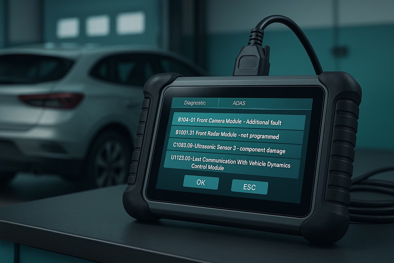 Hyper-realistic ADAS diagnostic scan tool displaying trouble codes on a workbench with a car in the background