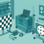 Illustration of ADAS calibration station with target boards, measurement equipment and tidy workspace in turquoise grey palette