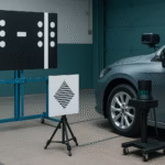 Hyper-realistic image of a vehicle in a workshop with camera and LiDAR calibration targets and sensors