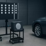 Hyper-realistic image of radar calibration equipment and target board next to a vehicle in a workshop