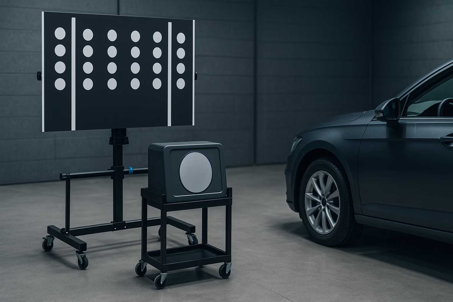 Hyper-realistic image of radar calibration equipment and target board next to a vehicle in a workshop