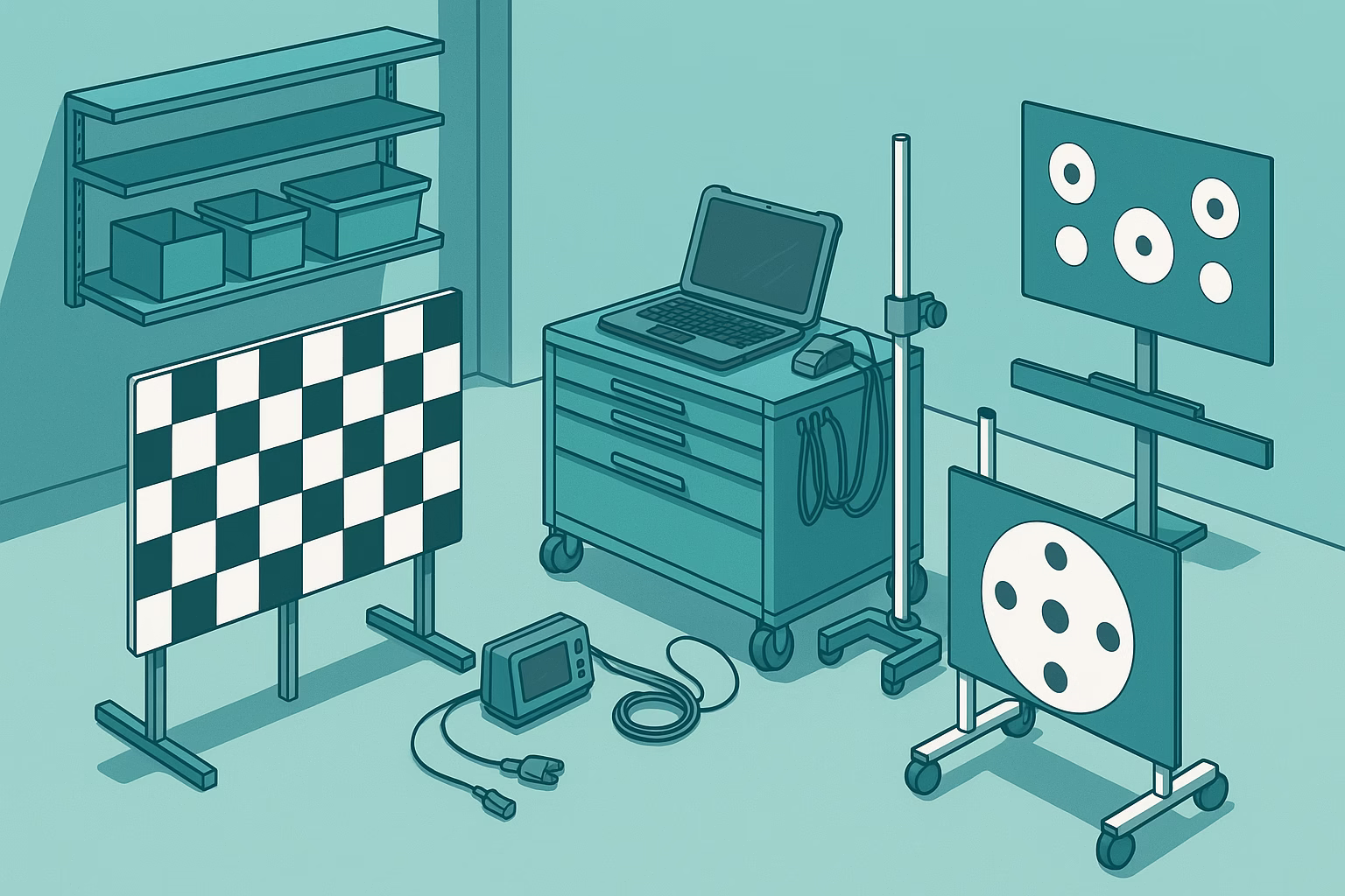 Illustration of ADAS calibration station with target boards, measurement equipment and tidy workspace in turquoise grey palette