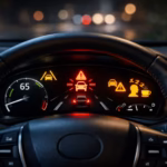 Modern car dashboard at night showing illuminated ADAS warning icons including lane assist, collision warning, blind spot alert, and driver attention indicator.