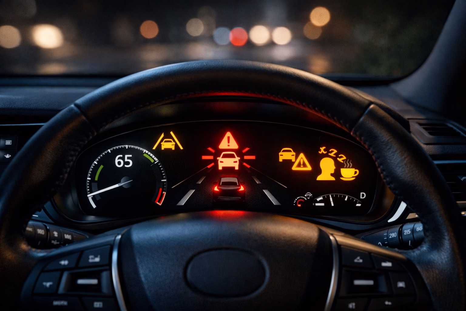Modern car dashboard at night showing illuminated ADAS warning icons including lane assist, collision warning, blind spot alert, and driver attention indicator.