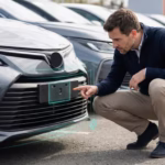 A potential buyer crouching to inspect the front radar sensor on a grey sedan in a used car dealership lot, with a digital graphic highlighting the ADAS sensor location.