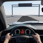 A driver's perspective from inside a car on an empty highway, with a red "BRAKE!" warning icon flashing on the dashboard and a large overhead gantry in the distance casting a shadow.