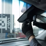 A technician's gloved hands installing an ADAS camera unit behind a new windshield, with a digital graphic overlay showing the camera's visual field scanning the road ahead.